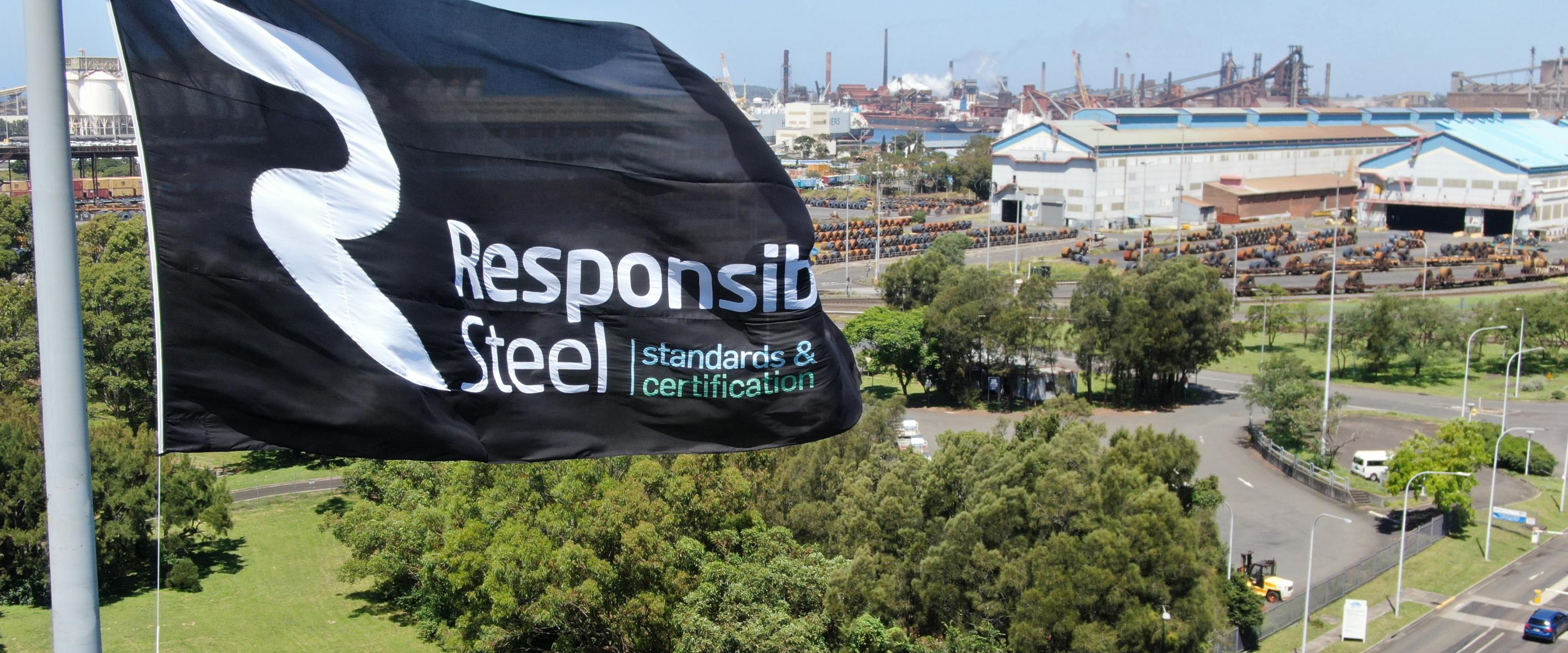 ResponsibleSteel flag flying over the BlueScope Port Kembla steelworks
