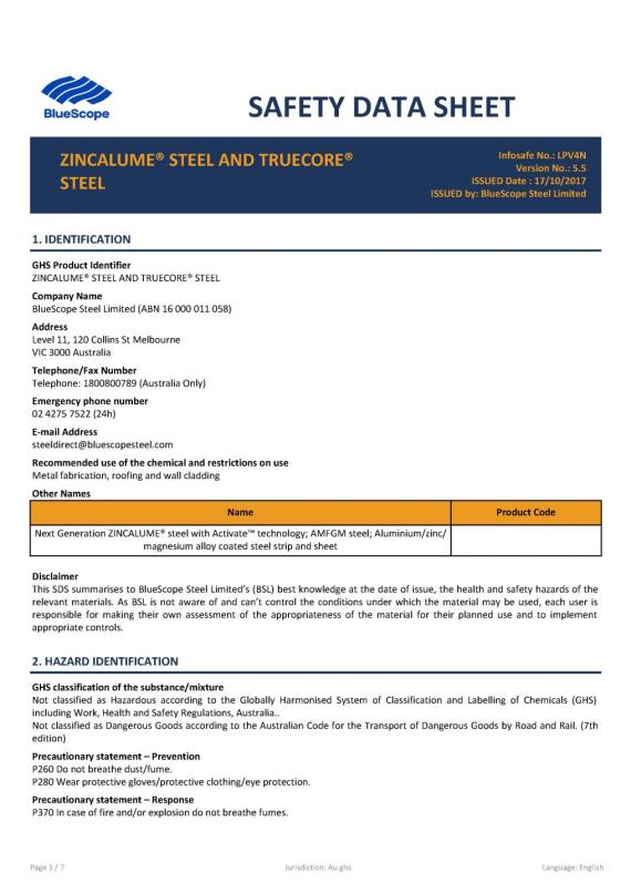 Safety datasheet ZINCALUME steel and TRUECORE steel thumbnail